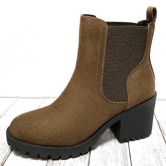 New Olive Forest Green Chelsea Elastic Platform Chunky Heel Ankle Boots Booties - Picture 3 of 4